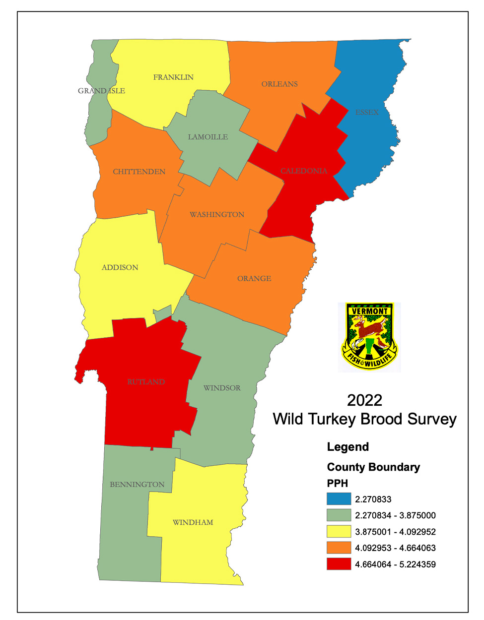 A map showing wild turkey broods in Vermont.