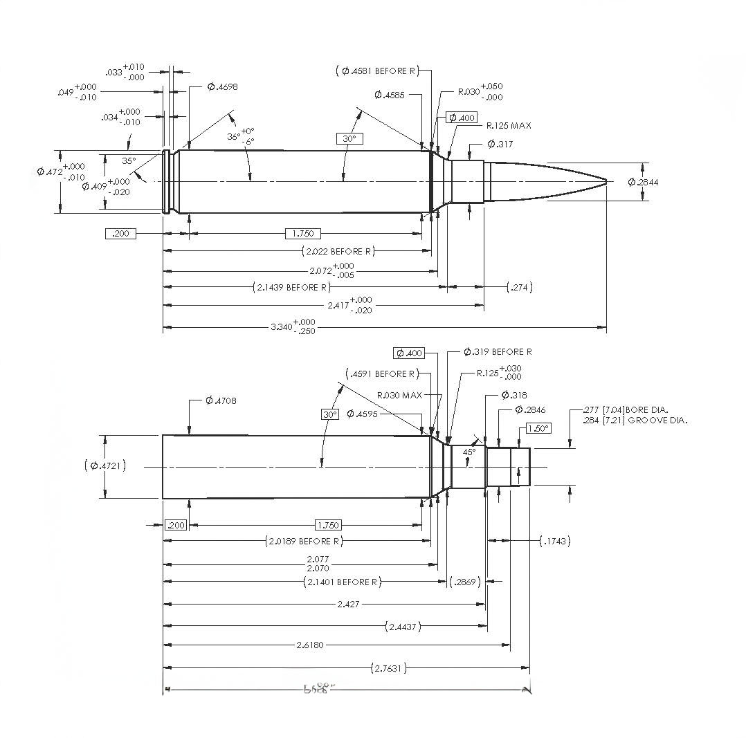 Blueprint schematics showing the cartridge and chamber of the Federal 7 BC 7mm Backcountry.