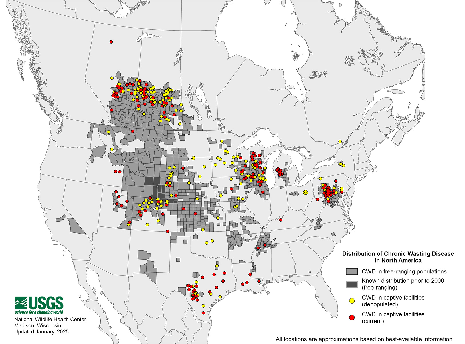 A map showing the prevalence of CWD in North America.