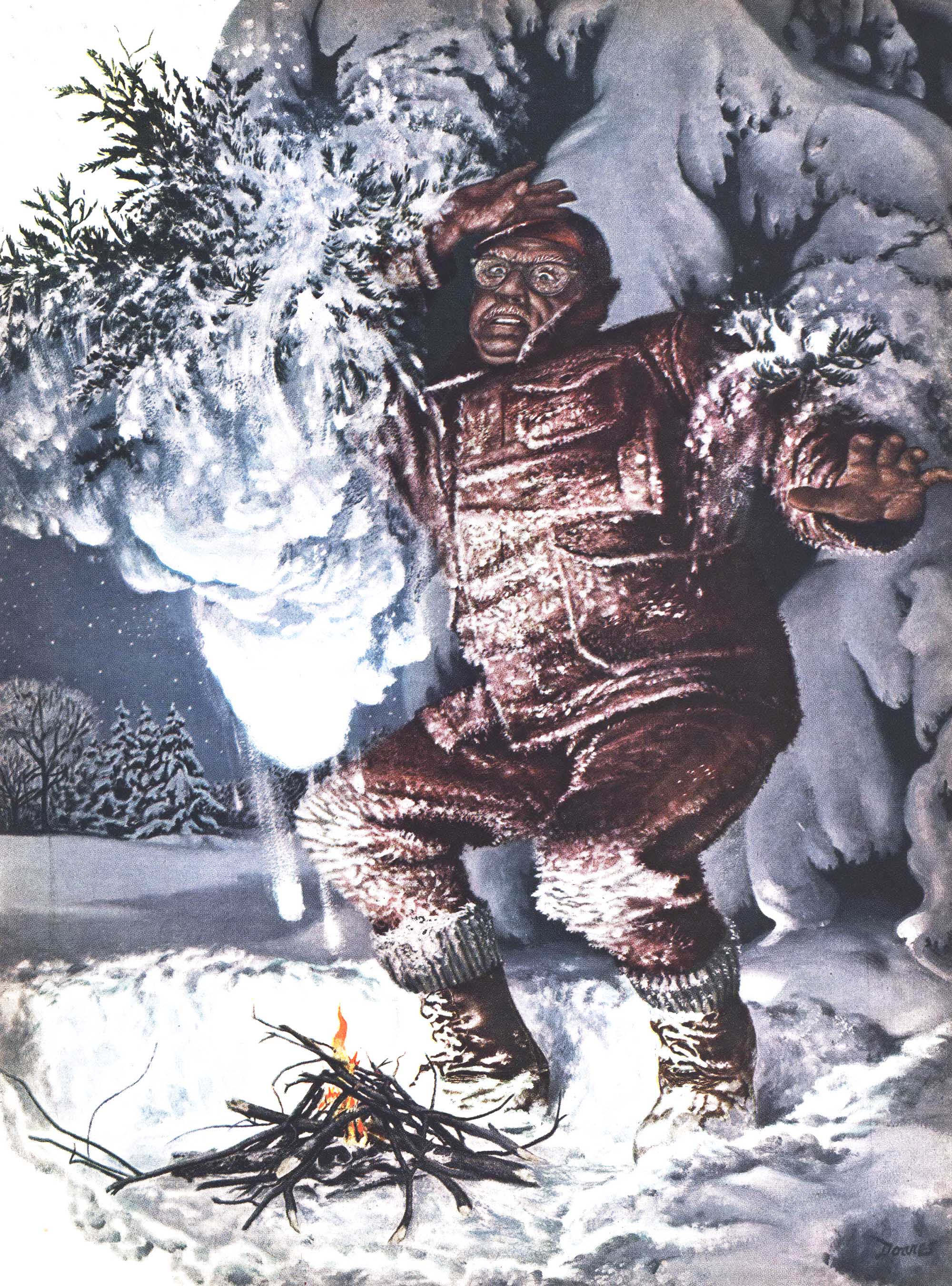 An illustration of a frozen hunter in a red suit standing above a fire as snow falls on it.