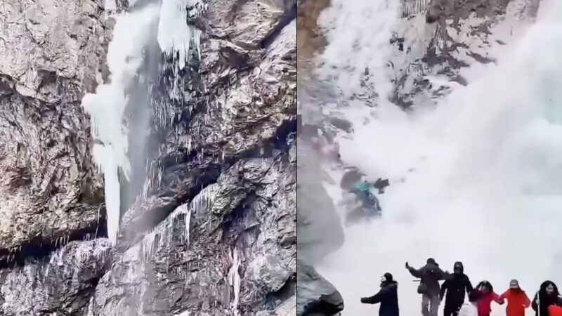 Massive Icicle Falls From Frozen Waterfall, Landing on Tourists