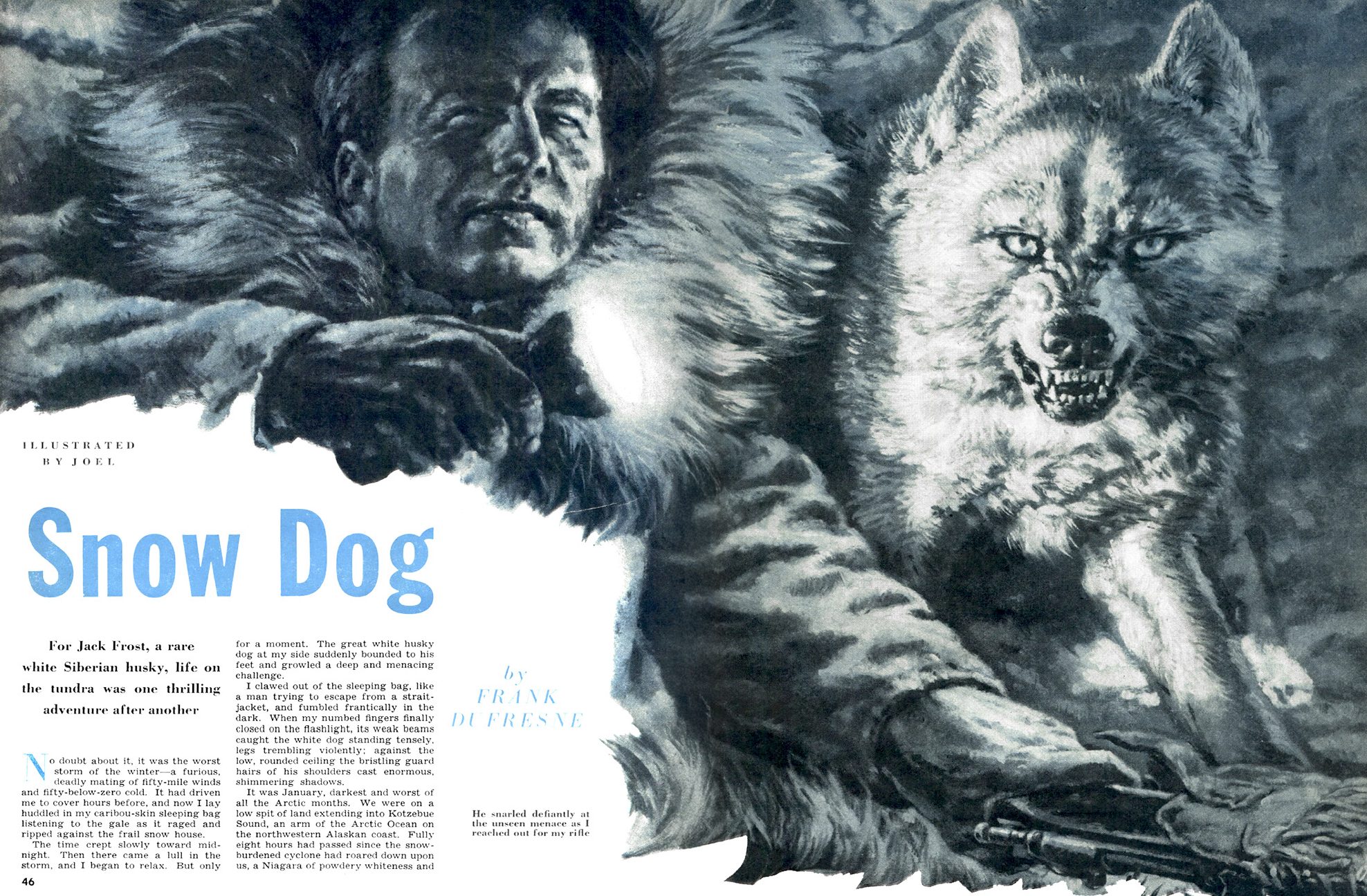 An illustrated magazine story, "Snow Dog," that ran in the March 1950 issue of Outdoor Life.