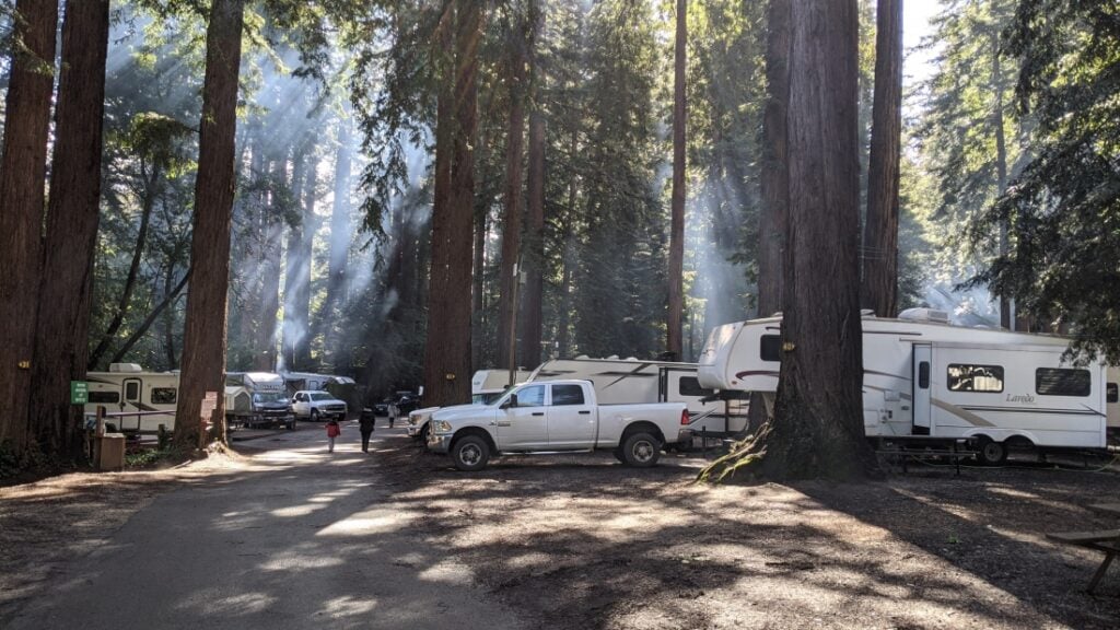 Trucks and RVs at Santa Cruz Redwoods RV Resort.