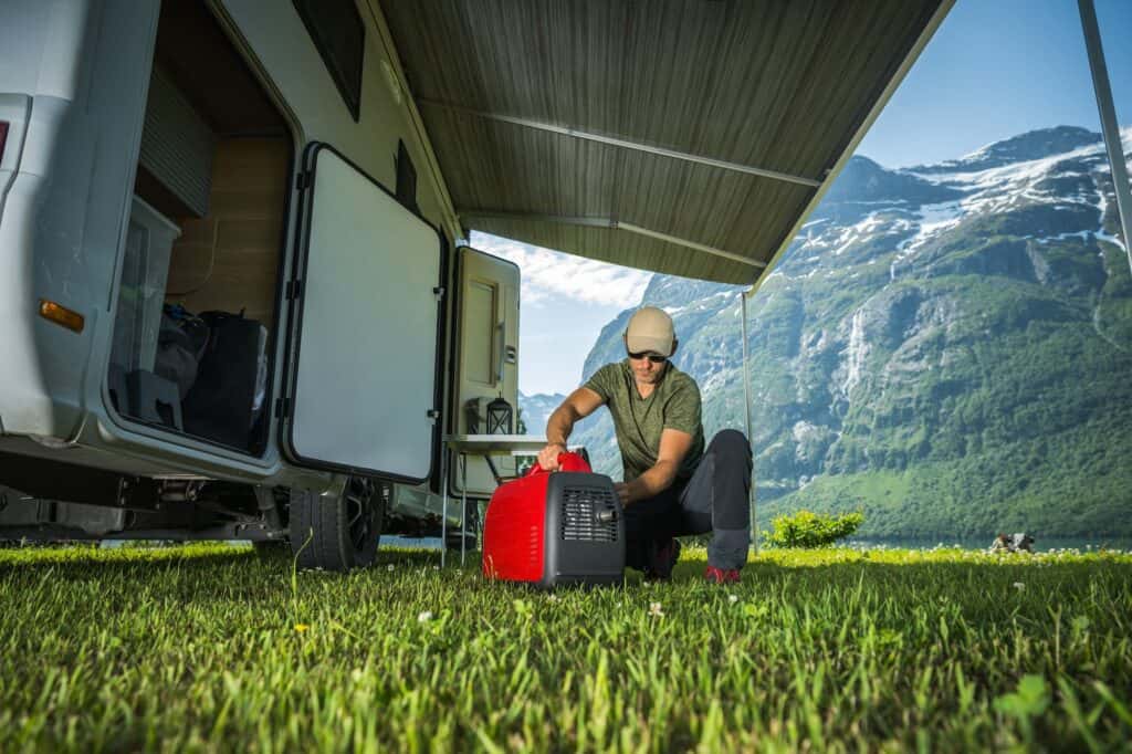 A man inspects a Generator in front of RV is part of  most RV electrical systems.