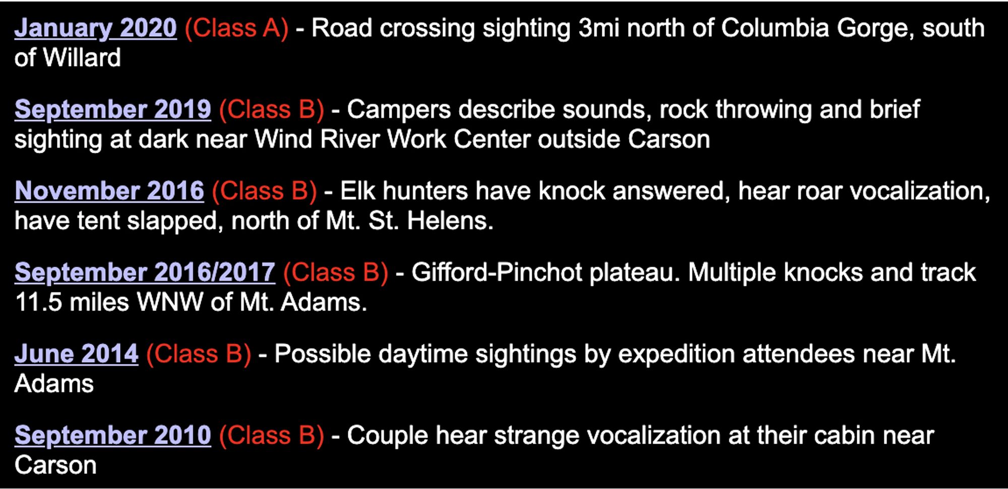 snippet of text from a bigfoot enthusiast website detailing different experiences of seeing or hearing sasquatch