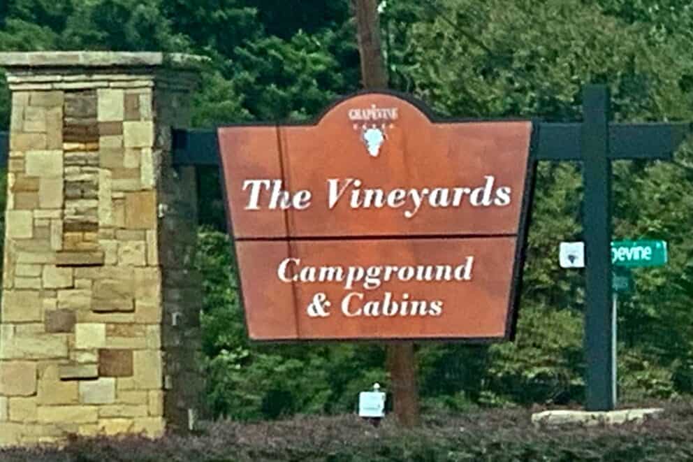 The Vineyards Campground & Cabins entry sign.