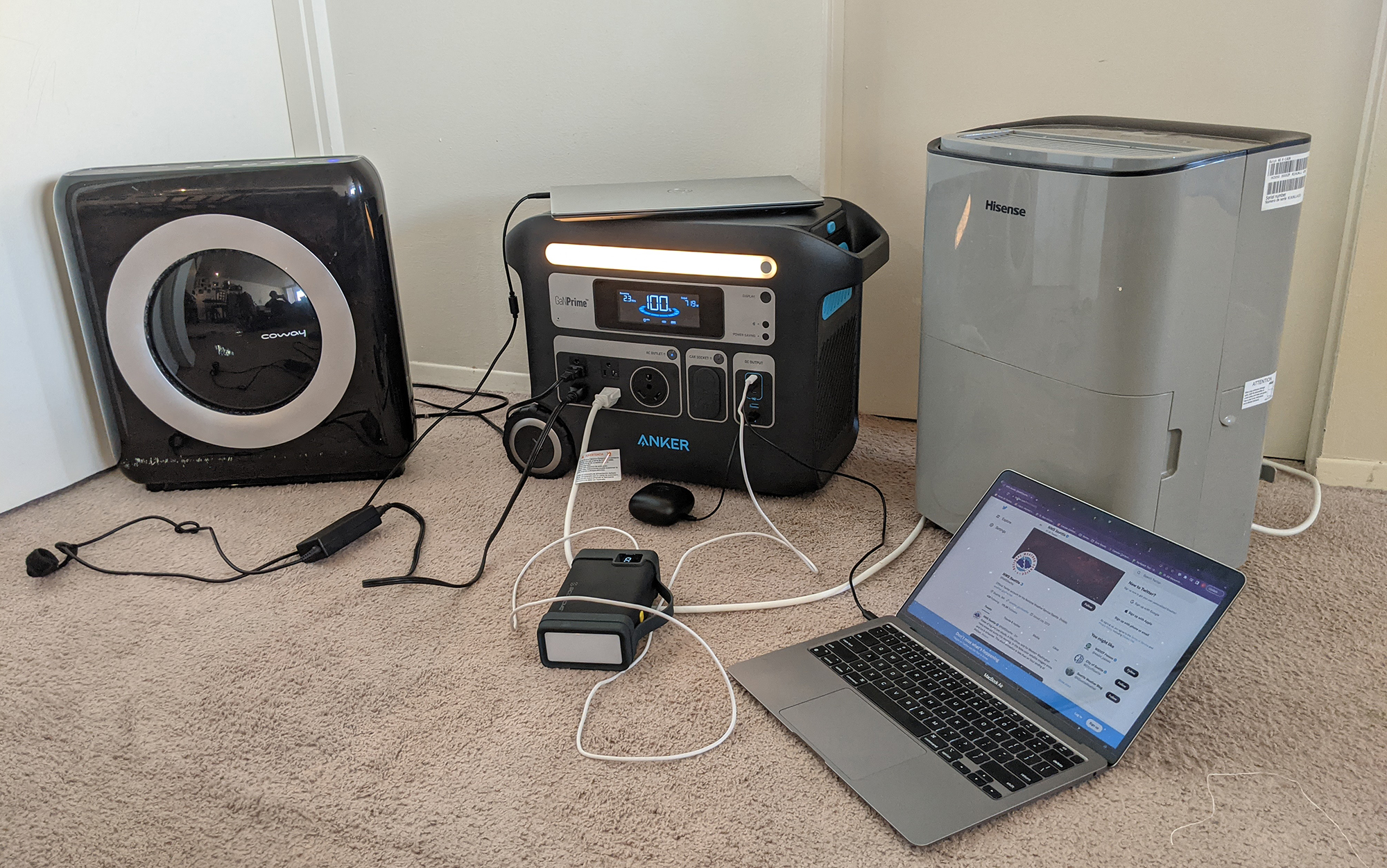 Trying to make a dent in the Anker 767’s output capacity with a dehumidifier, air purifier, two laptops, a battery pack, a pair of headphones, and turning the light on the station up and down using the Anker app.