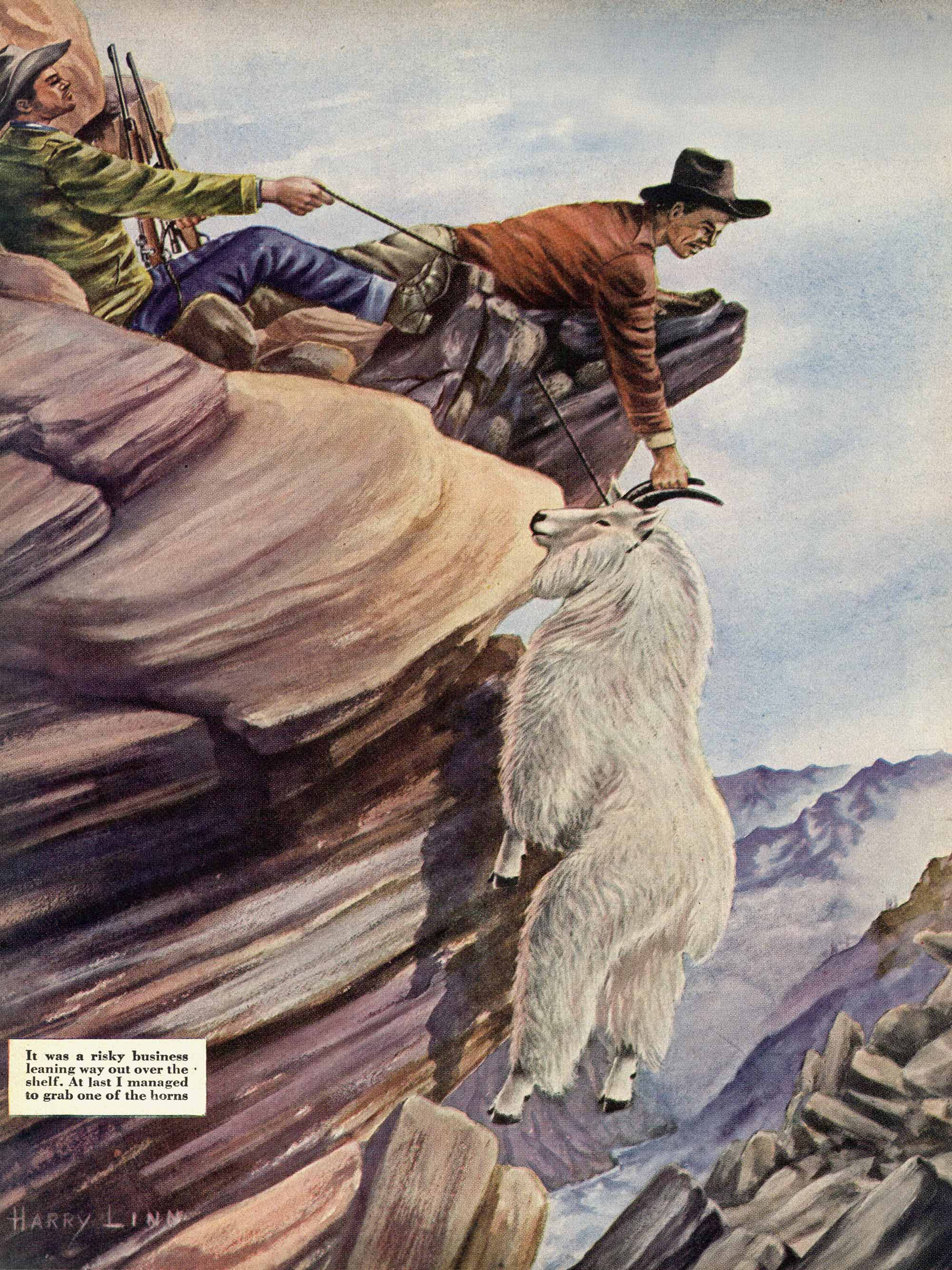 Two hunters haul up a mountain goat over a cliff edge