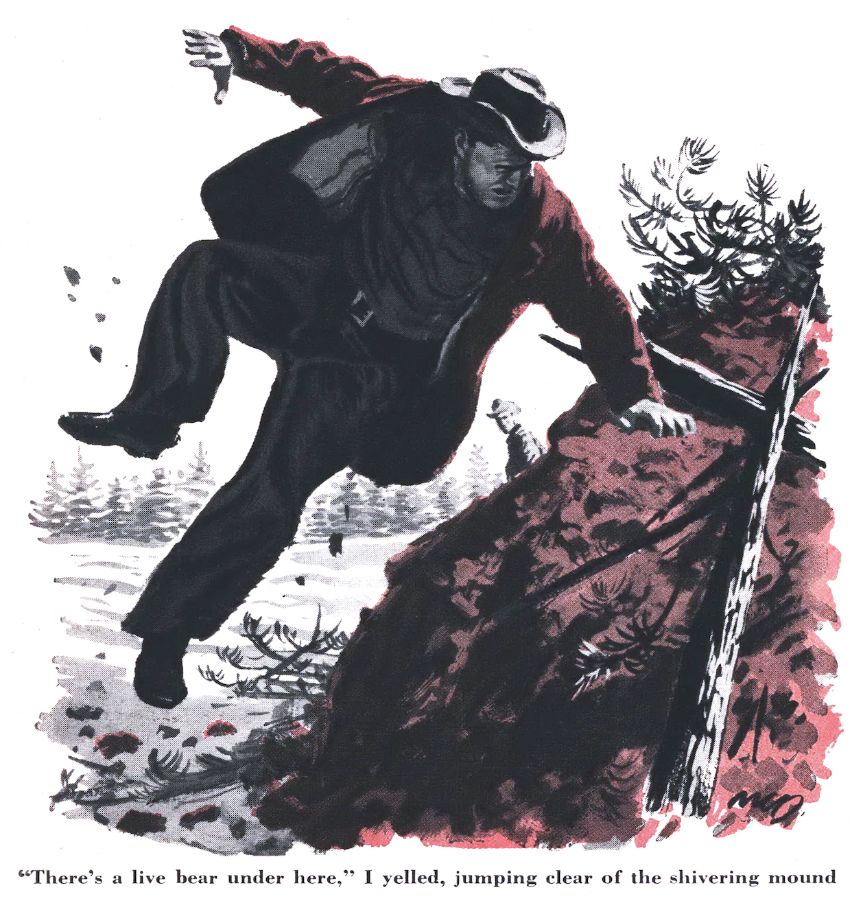 An illustration of a man jumping by a bear den