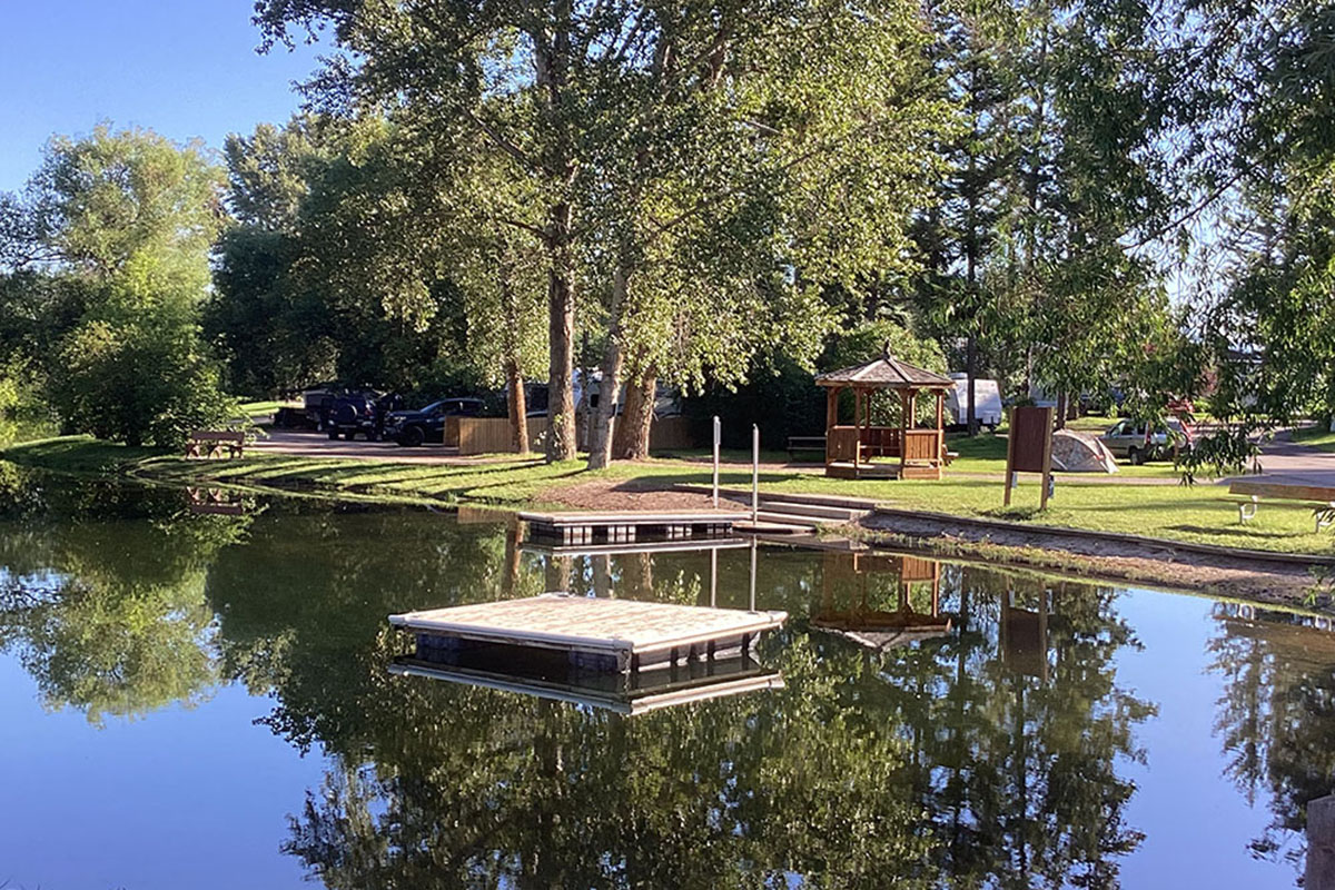 Dock on a tranquil body of water near a grassy shore in northwestern Montana.