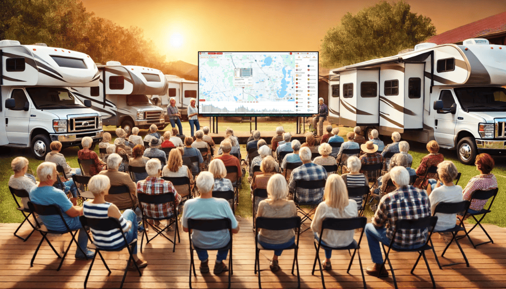 An RV Trip Planning seminar being held outdoors at an RV park.