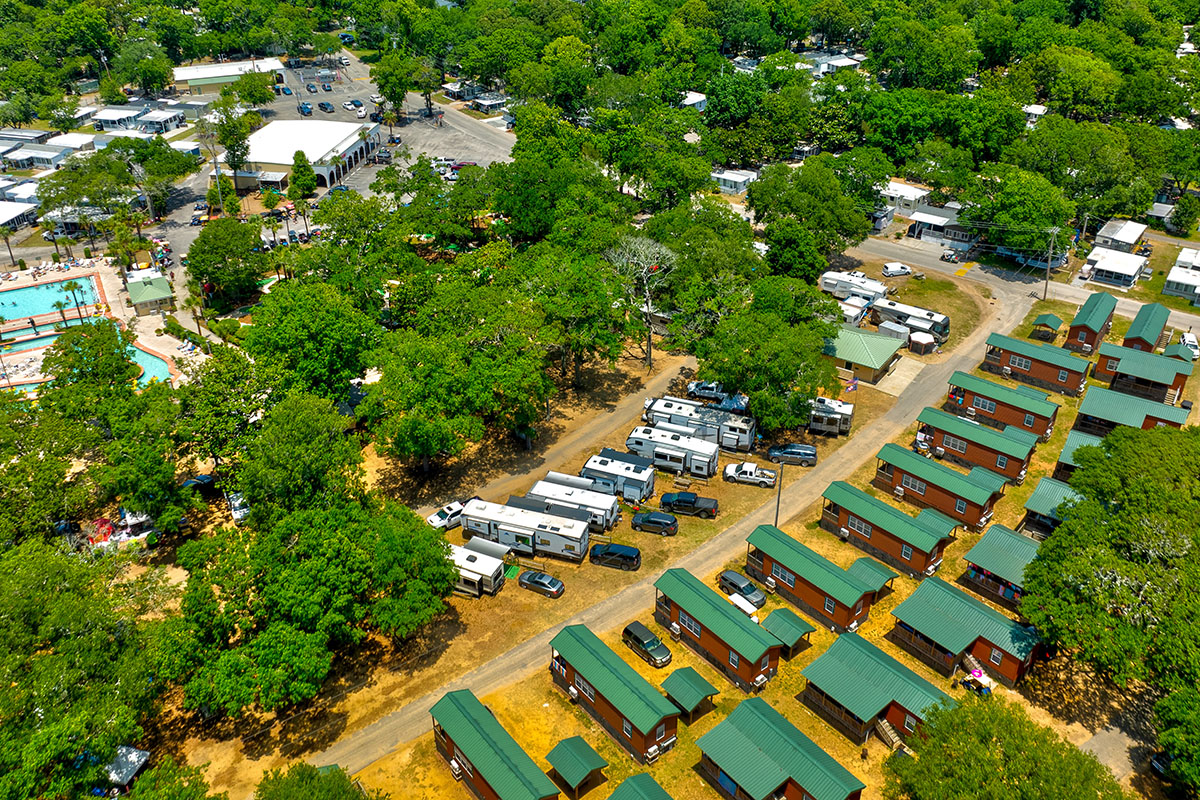 Aerial shot of RV sites and cabin sites.