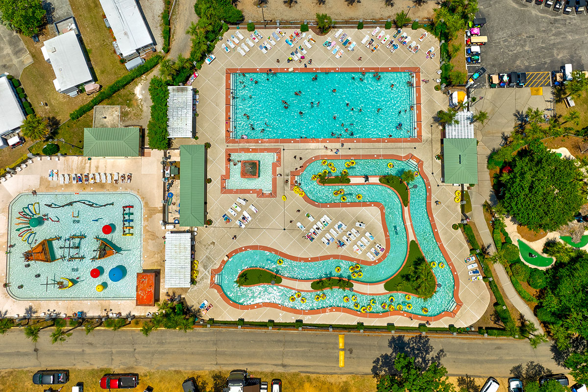 Aerial shot of swimming pool.