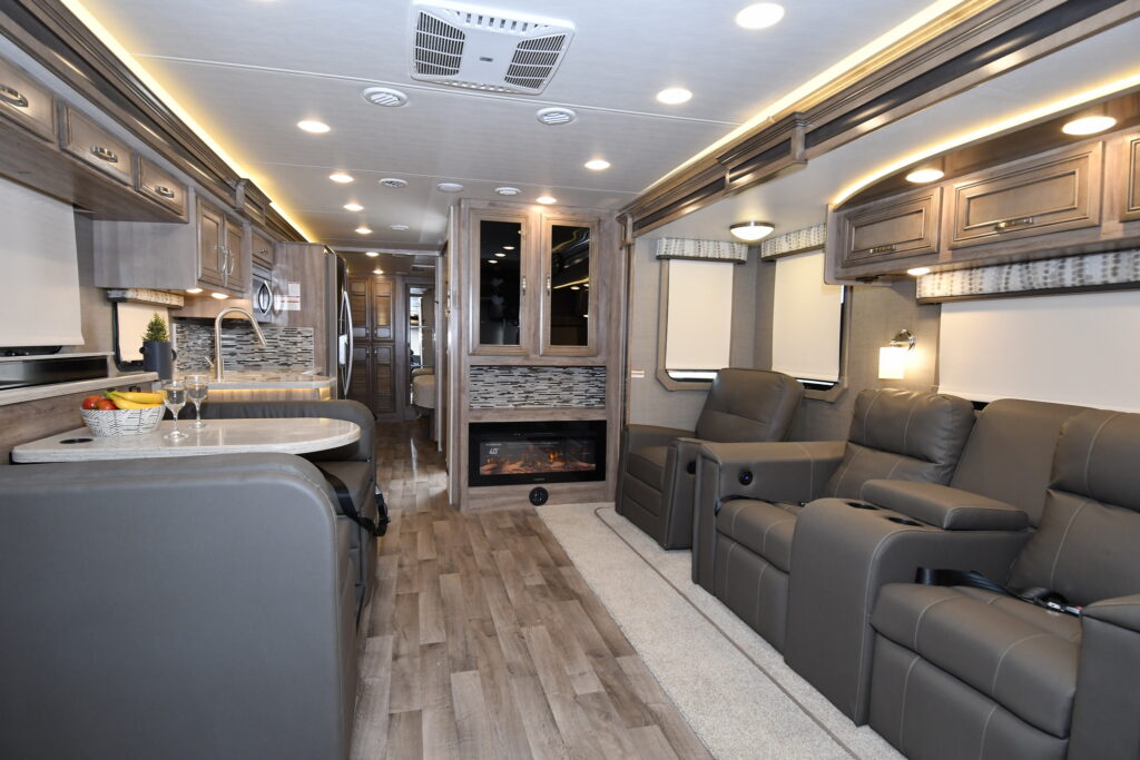 We check out the livability of the RV interior - here is the interior of a Jayco Precept Prestige class A motorhome.