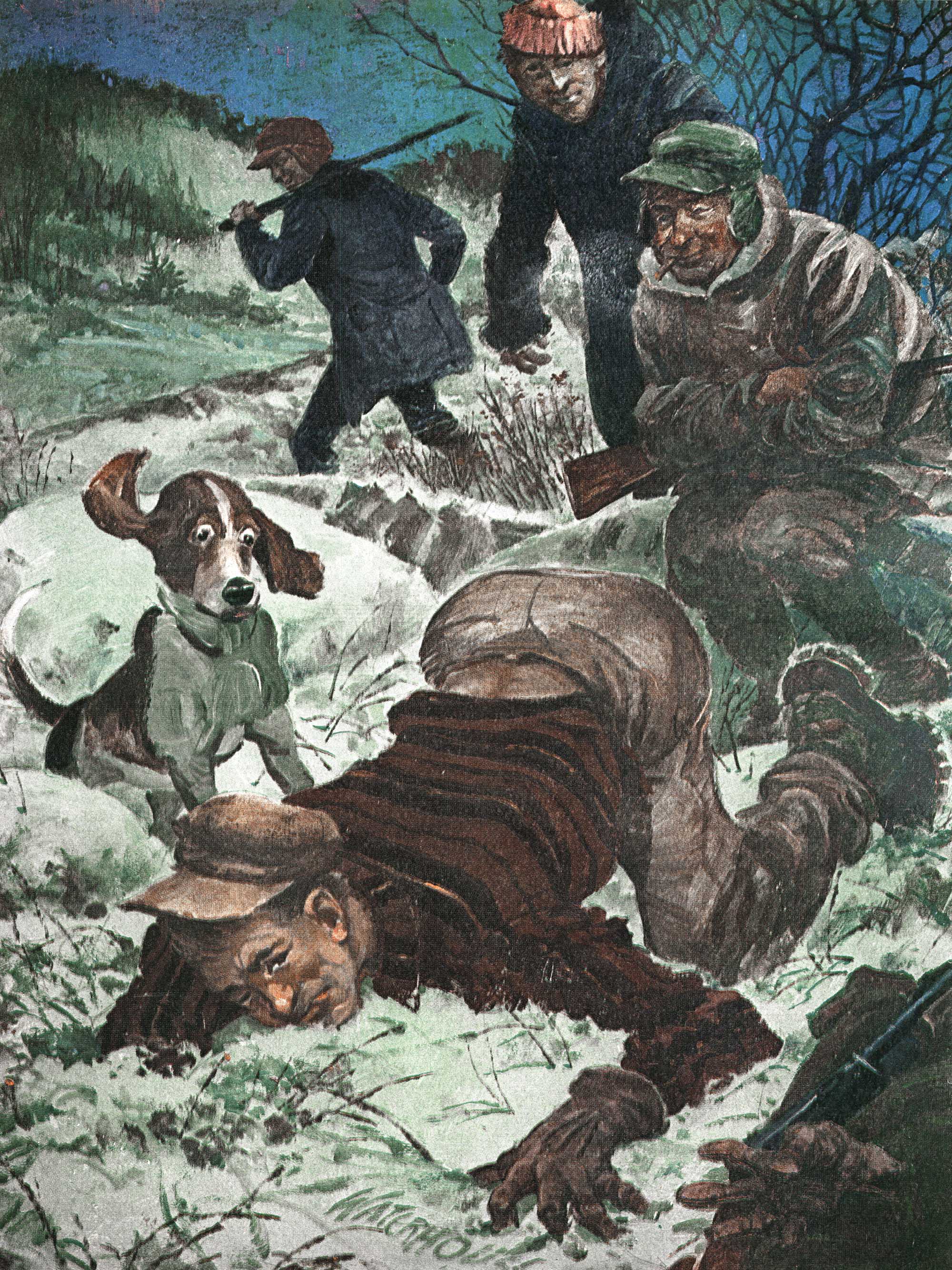 A full-page image of a group of hunters trying to grab a rabbit