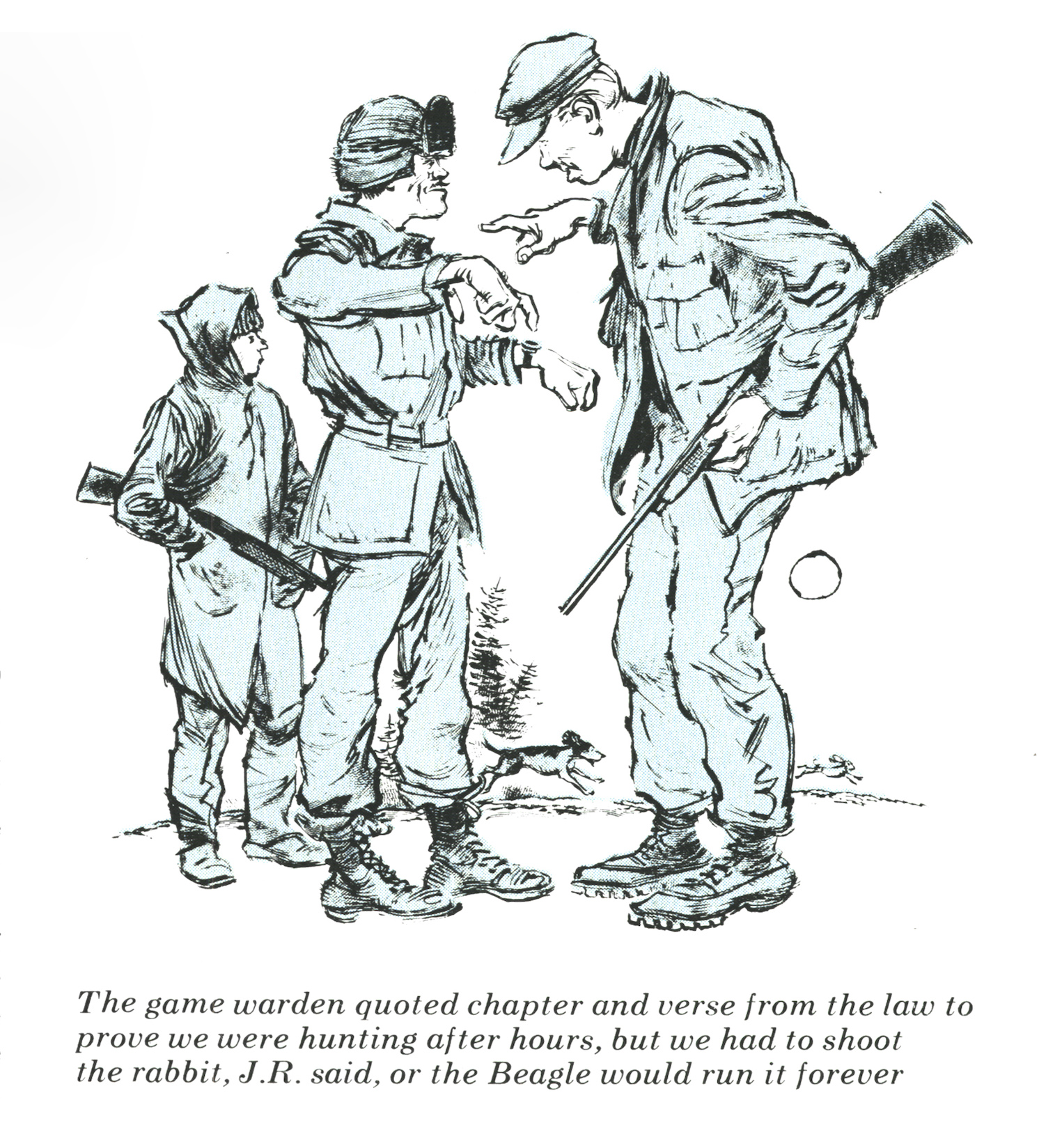 A cartoon of a rabbit hunter arguing with a game warden.