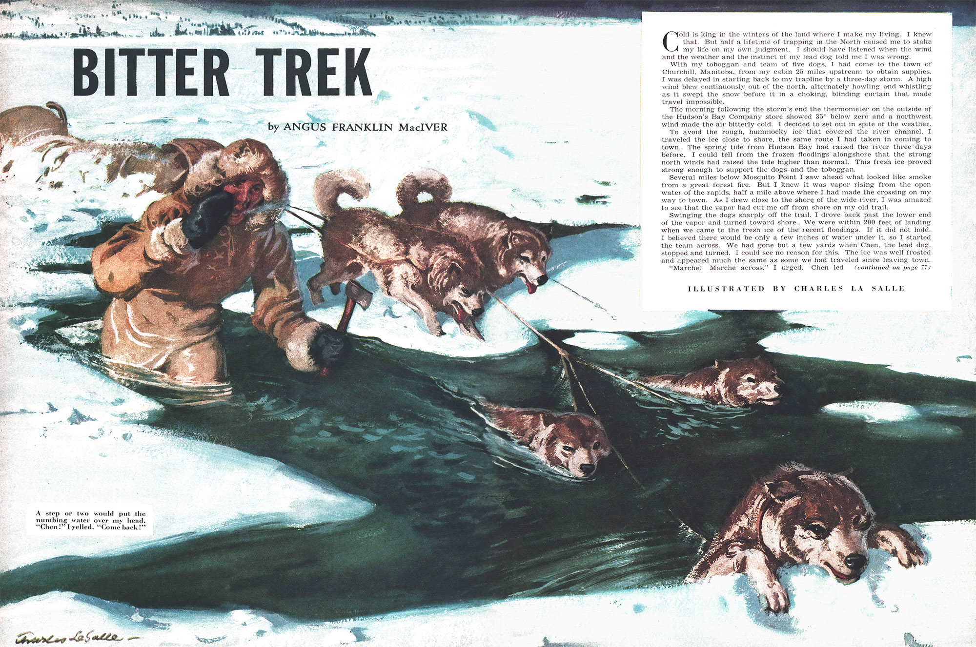 The Bitter Trek story as a two-page spread from an issue of Outdoor Life.