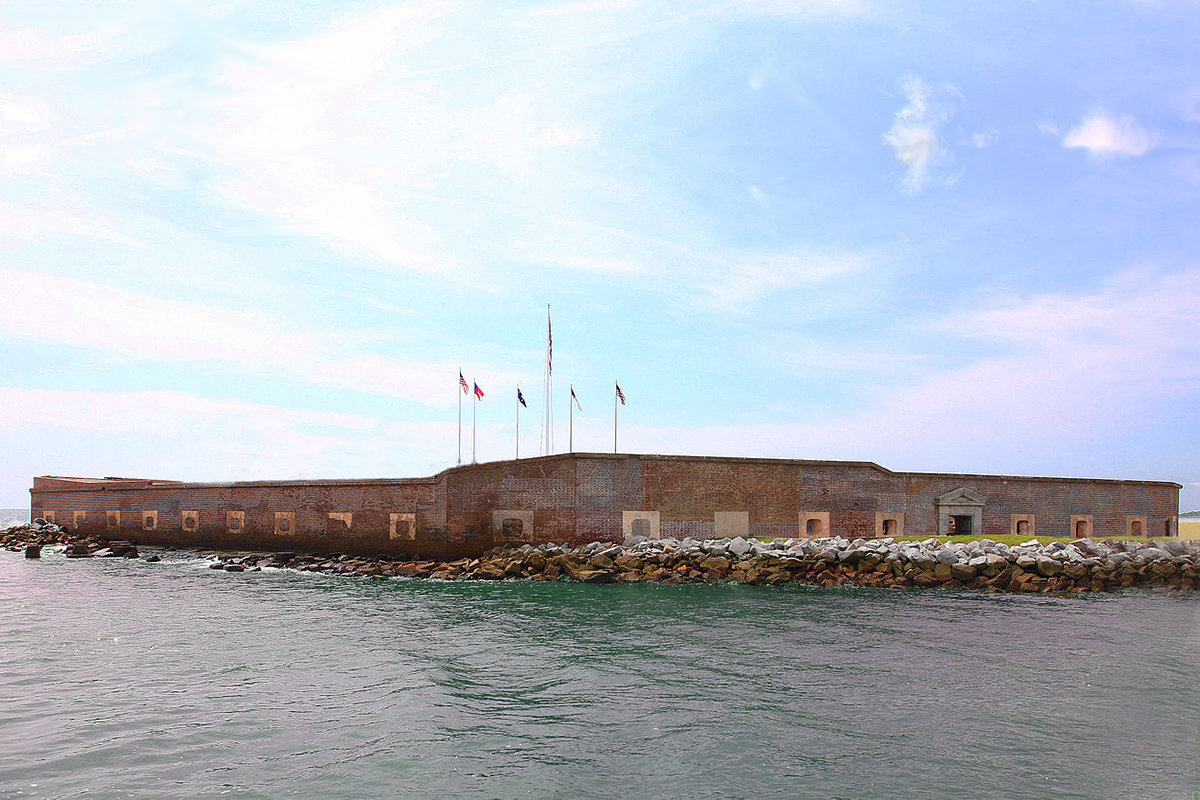 A fortification from the Civil War with flags flying overhead — truly a historic site.