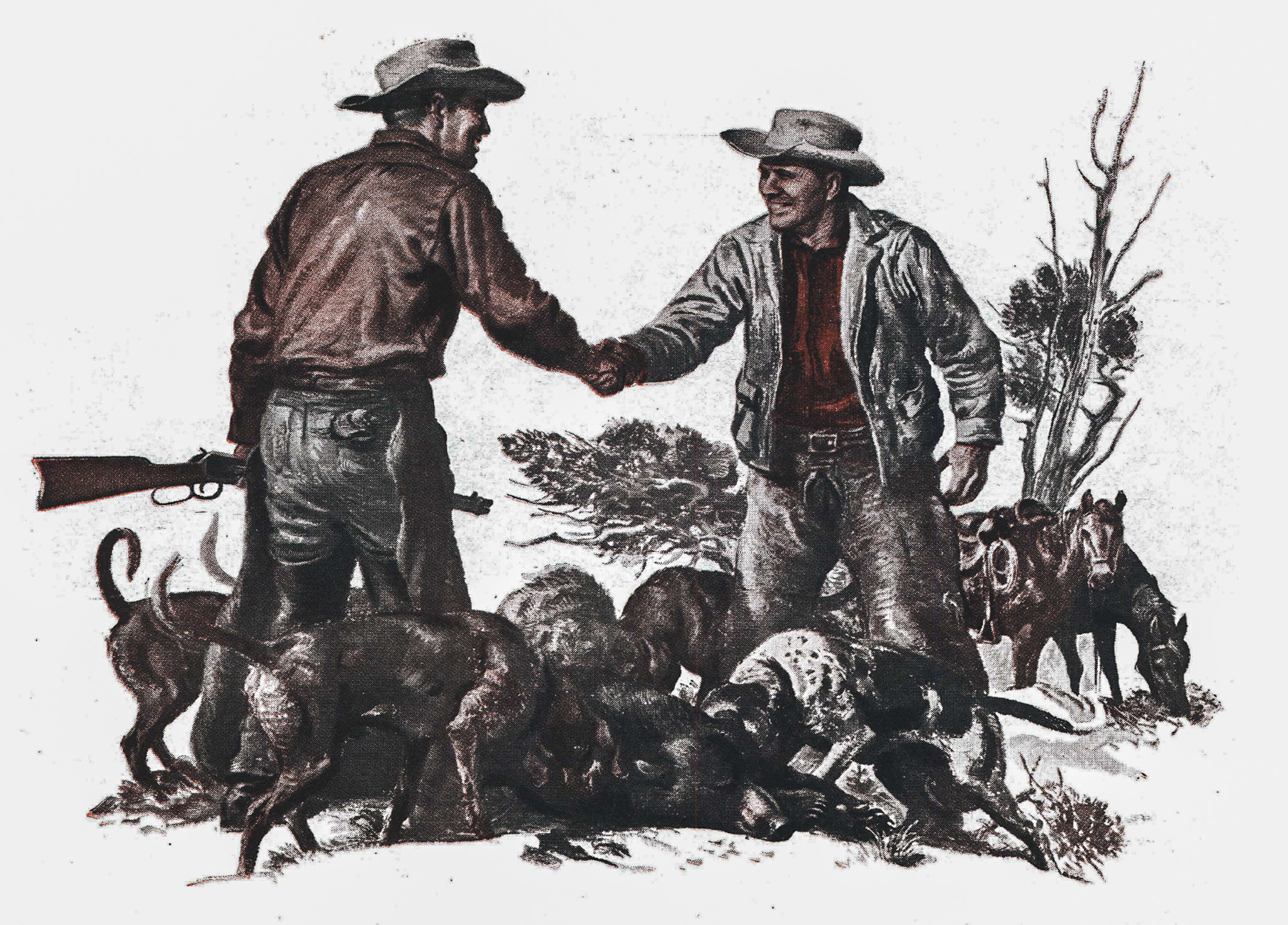 Two bear hunters shake hands