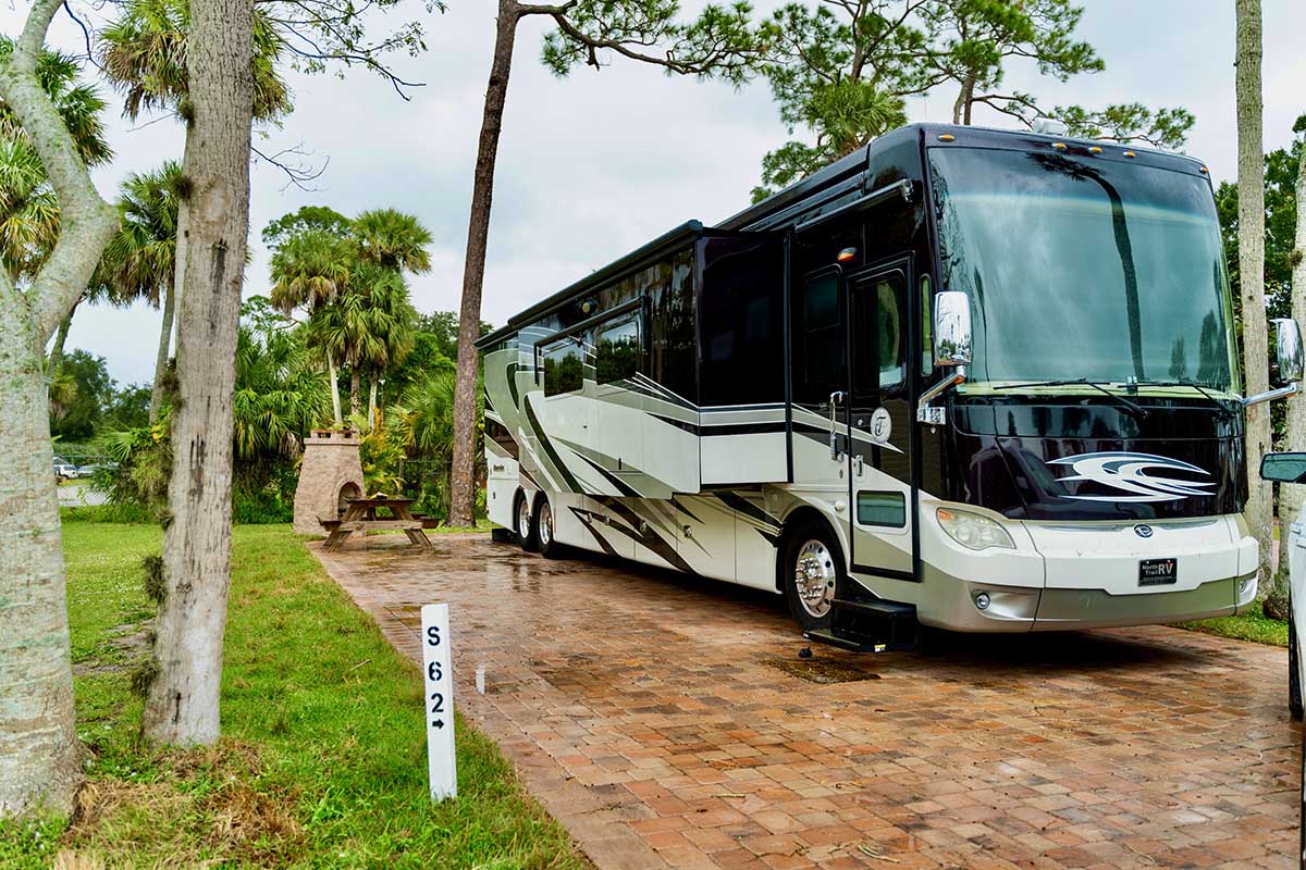 Motorhome on a well-appointed brick space.