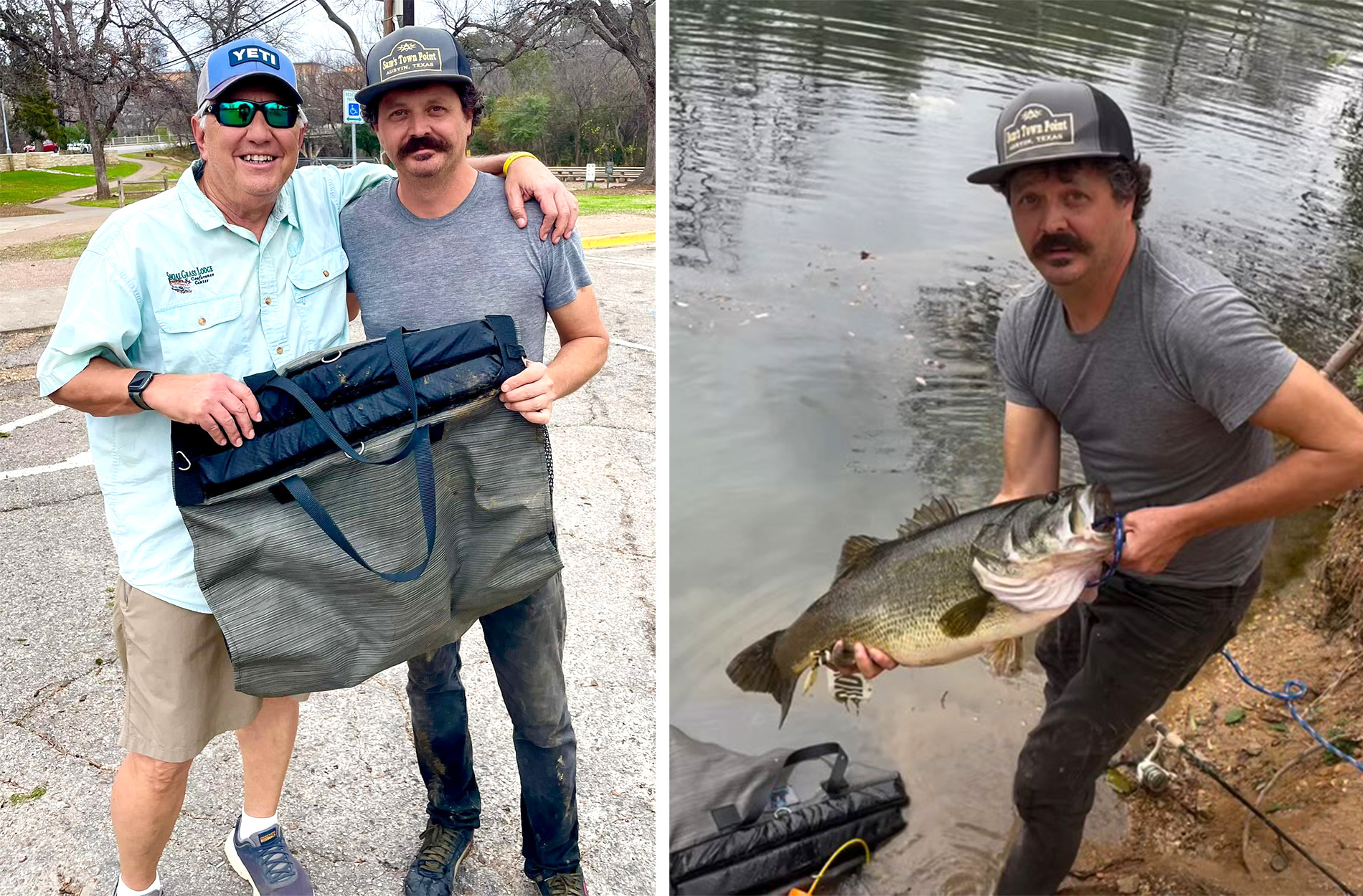 Two anglers keep a big bass alive.