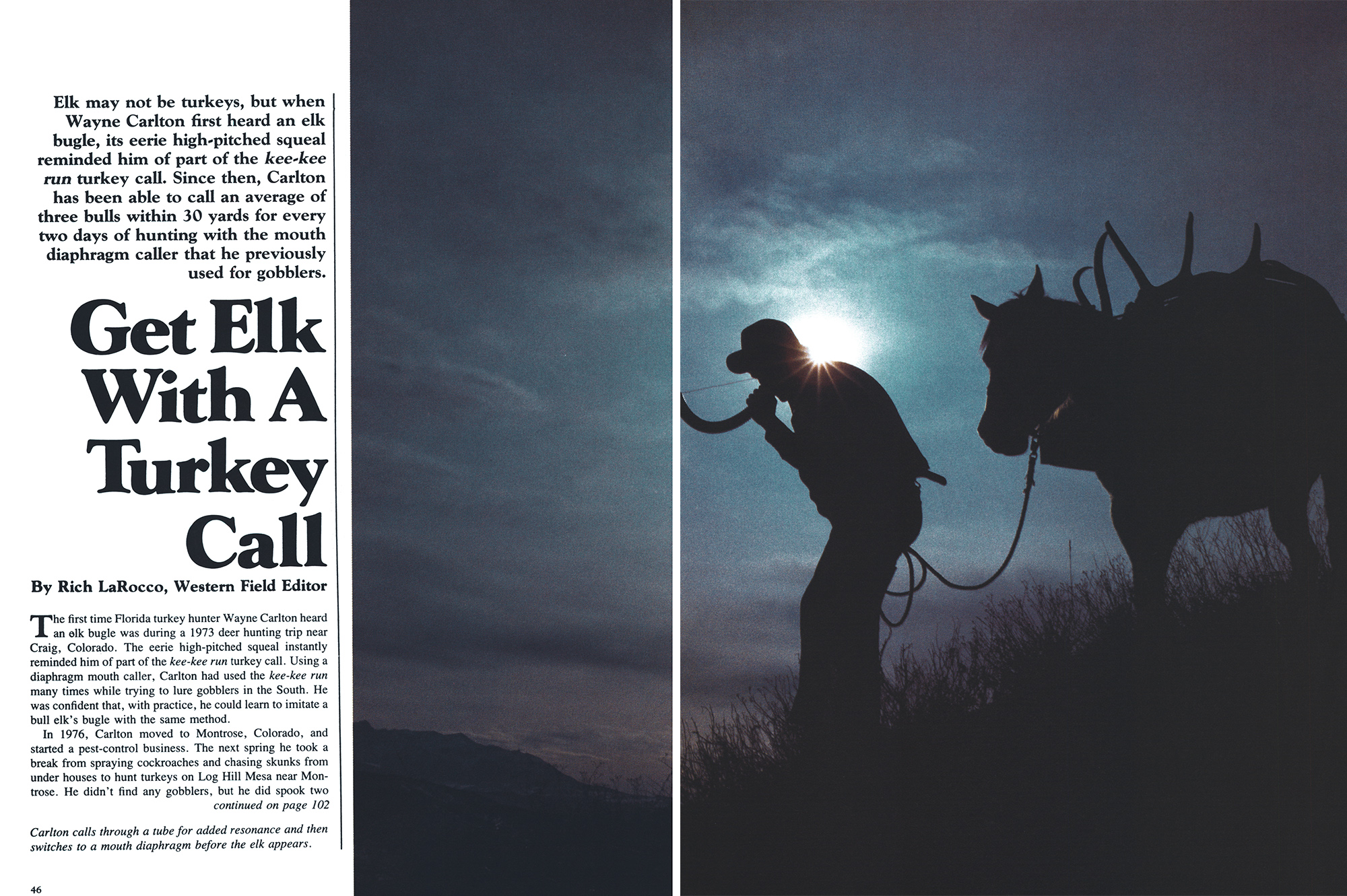 A two-page magazine spread of the Outdoor Life story titled Get Elk with a Turkey Call.