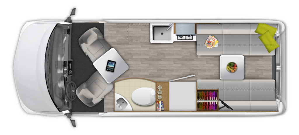 Roadtrek 2025 {Play + interior floorplan, daytime configuration.