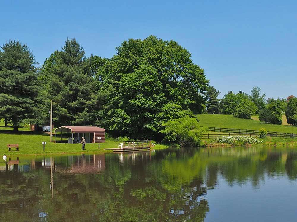 Campground on shores of reflective lake.