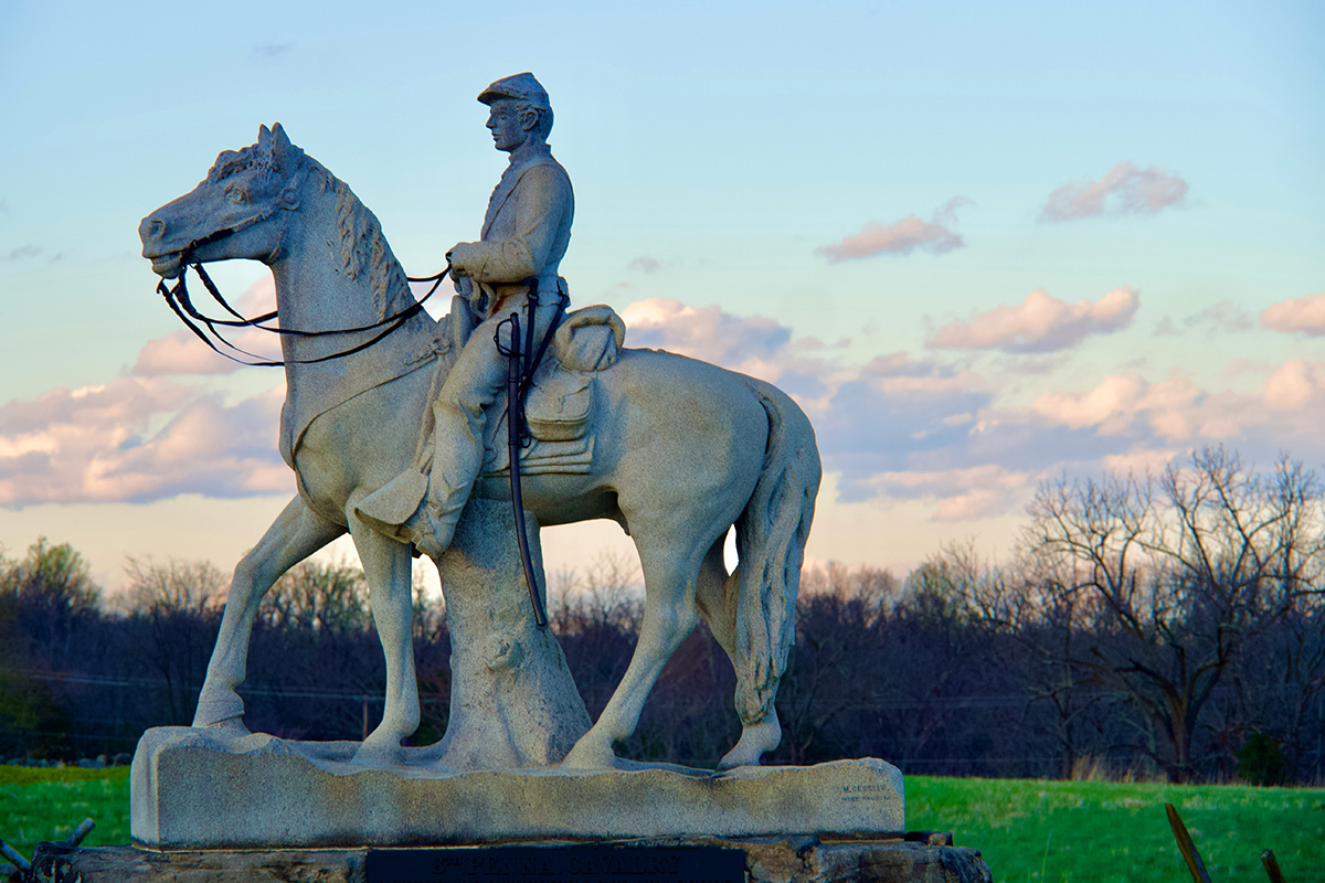 Statue of Civil War soldier on horse.