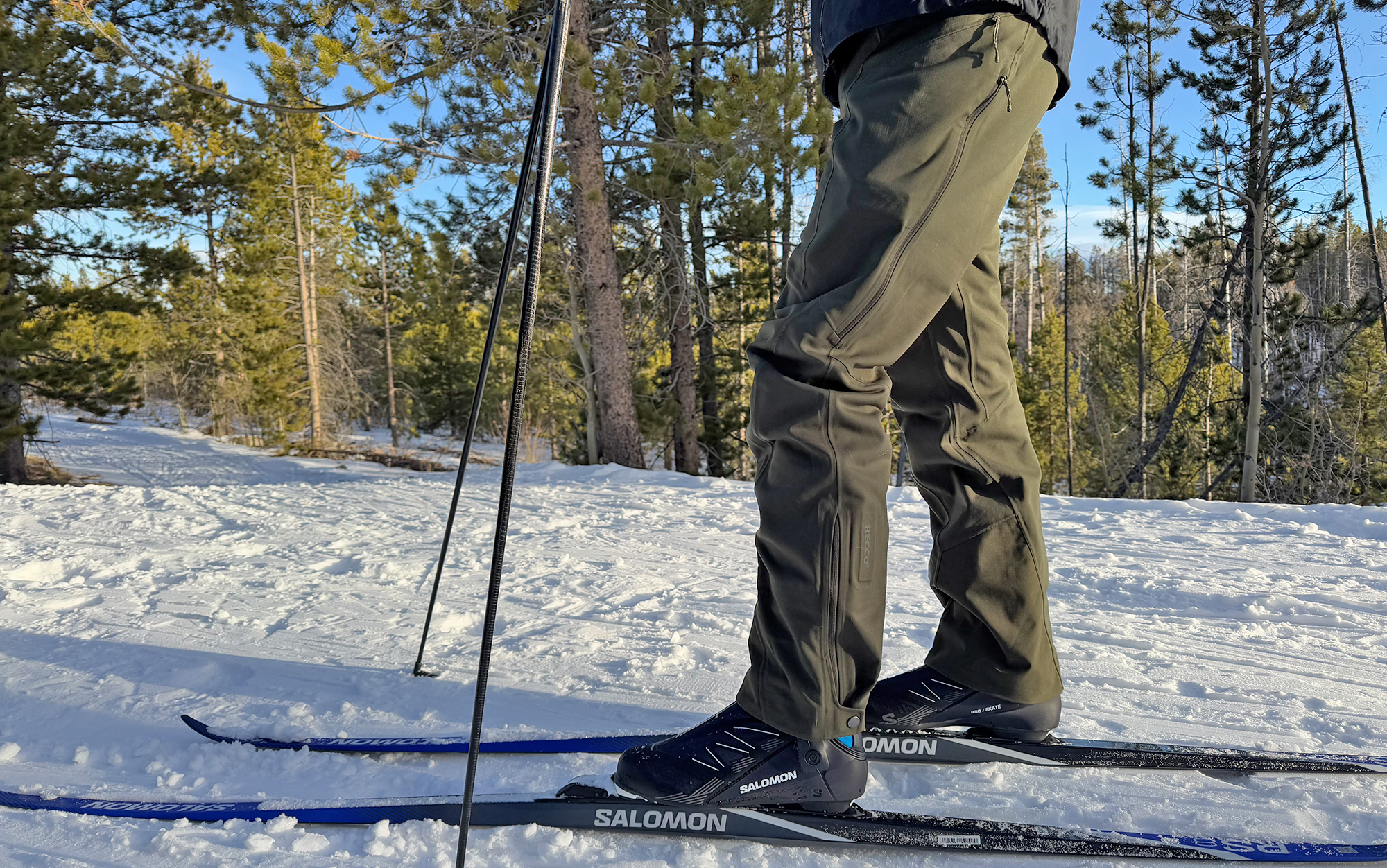 Tester wears Patagonia Upstride cross country ski pants.