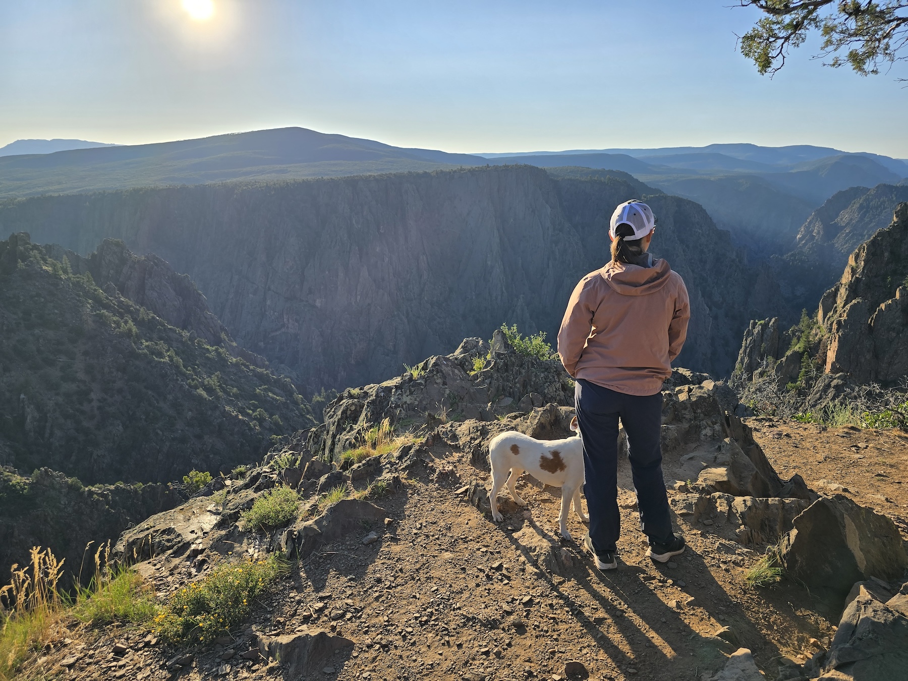 A photo of a female hiker and her dog looking out over Black Canyon of the Gunnison.