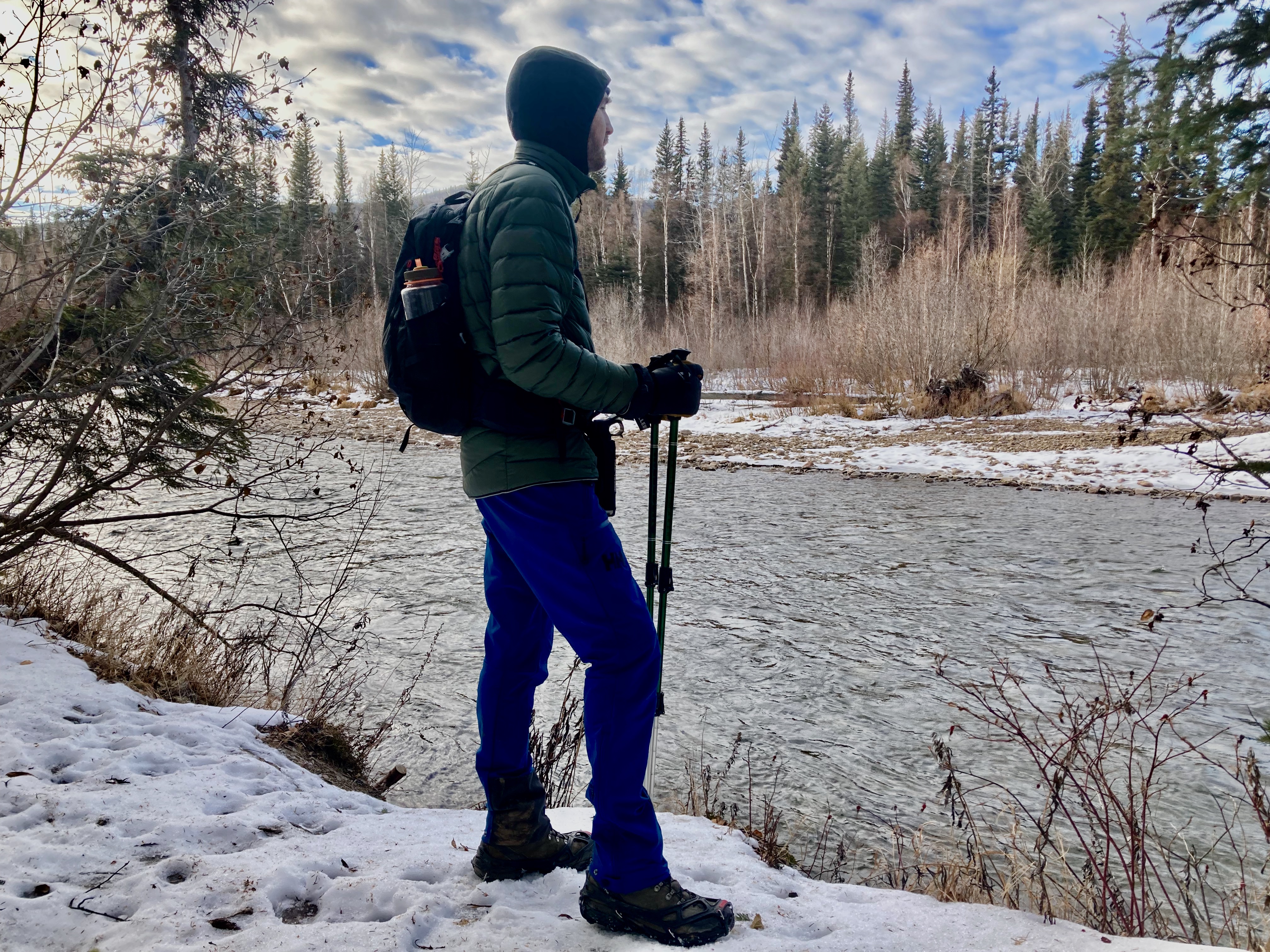 Hiker wears Helly Hansen pants.