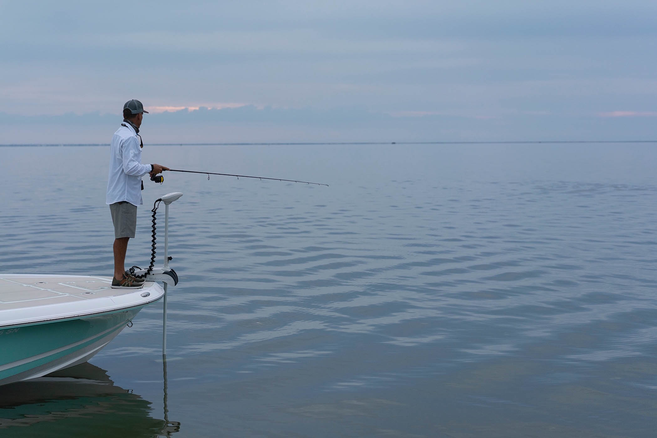 One of the best saltwater trolling motors, bow mounted on a center console. 