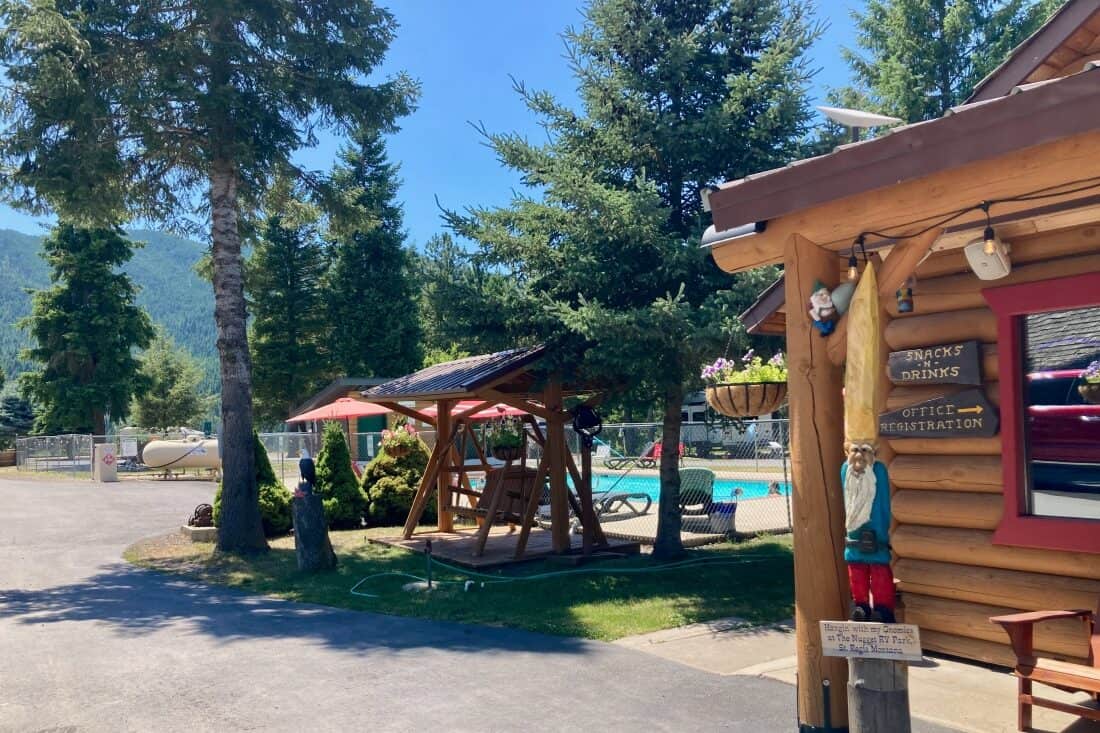 The camp store and the pool area at The Nugget RV Resort.