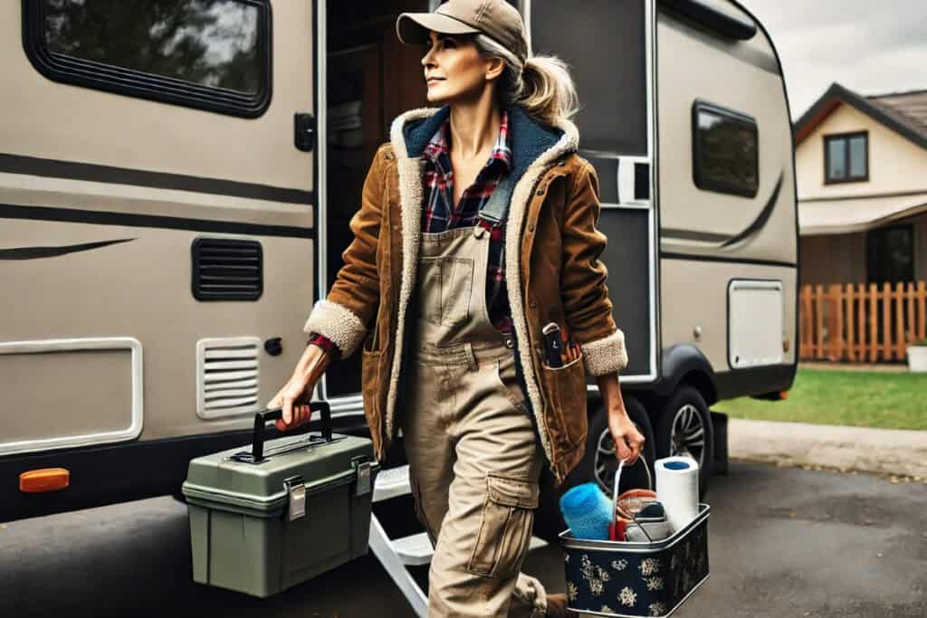 woman walking away from travel trailer with toolkit and cleaning supplies in hand after dewinterizing her RV