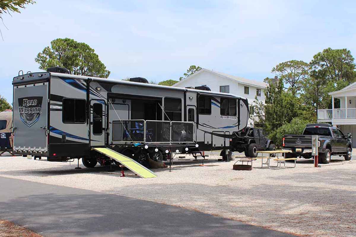 Fifth-wheel trailer parked on a campsite.