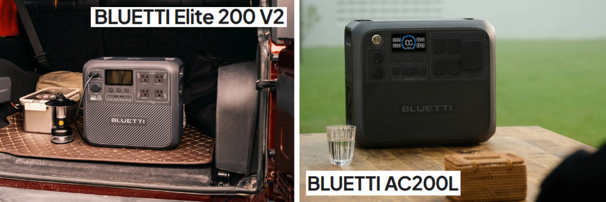 Bluetti power station set up in back section of car charging lantern and Bluetti set on a table