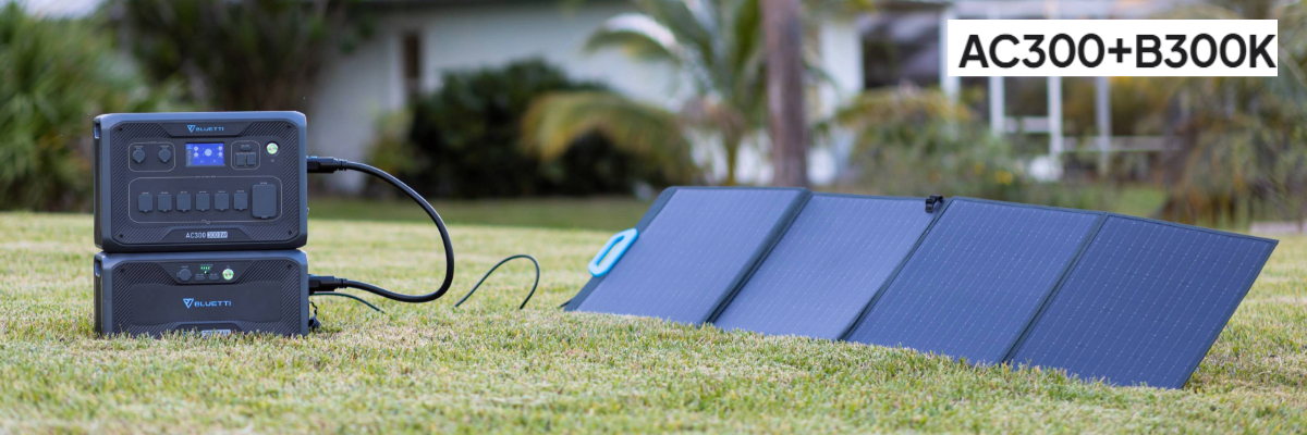 Bluetti solar power station set up on grass