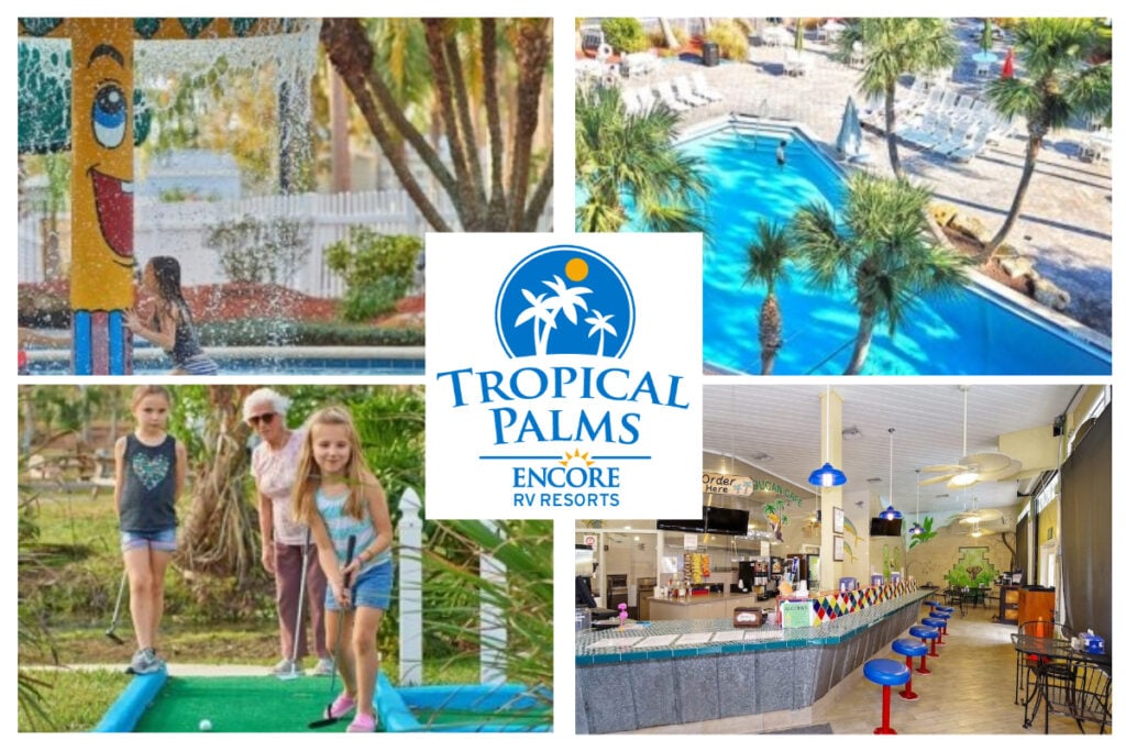 collage of amenities at Tropical Palms RV Resort