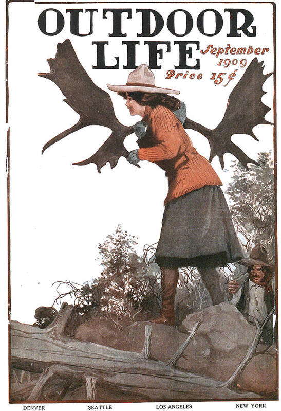 A vintage outdoor life cover of a woman carrying moose antlers.