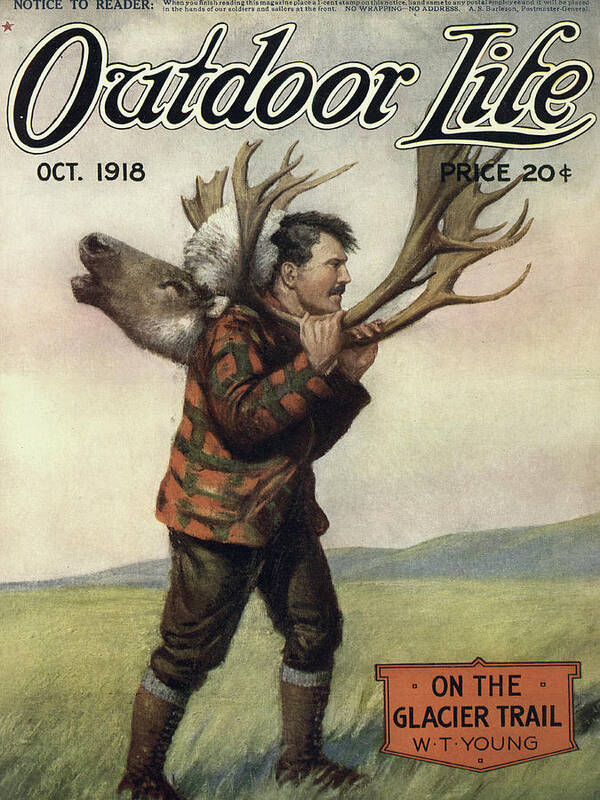 vintage outdoor life cover of a man with a caribou head on his shoulder