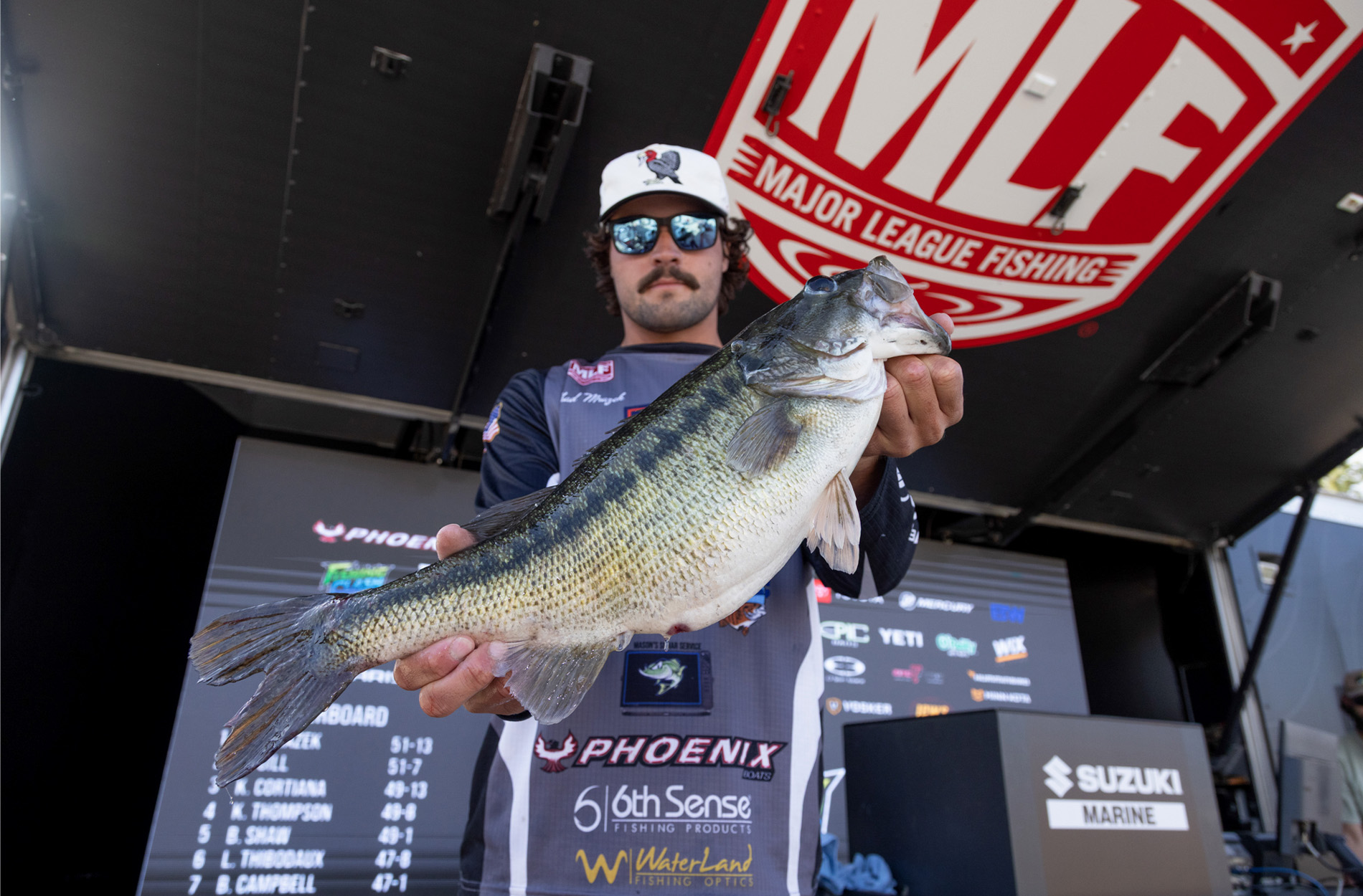 A big bass held up by an angler at an MLF weigh-in.