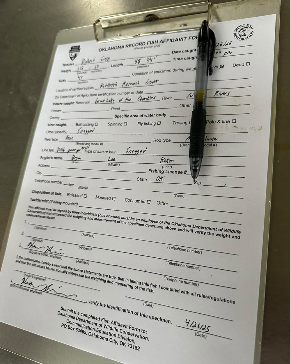 A record form for a bighead carp in Oklahoma.