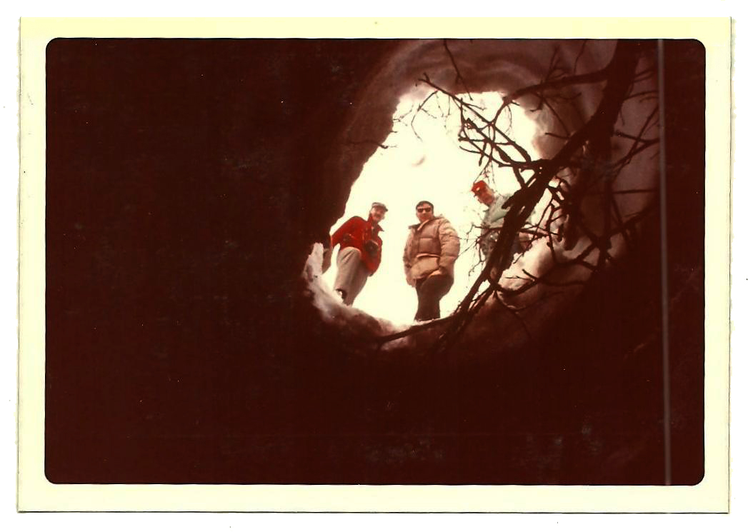A vintage photo looking up from the inside of a brown bear down with three people at the entrance.