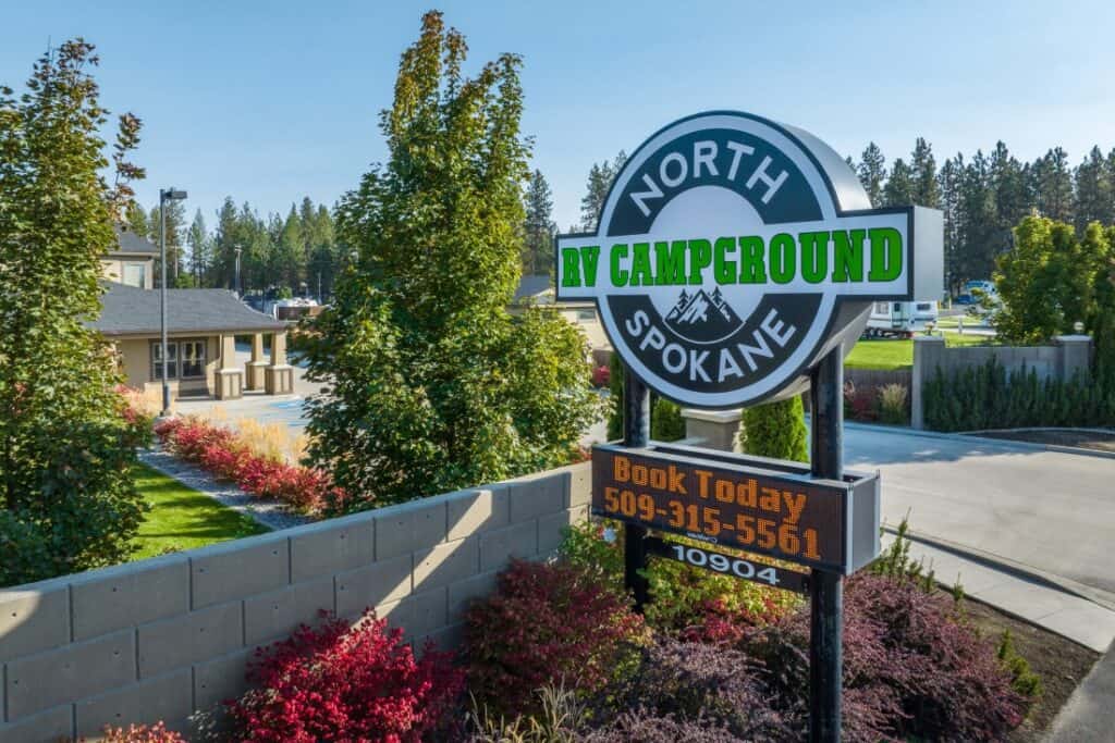 North Spokane Campground welcome sign.