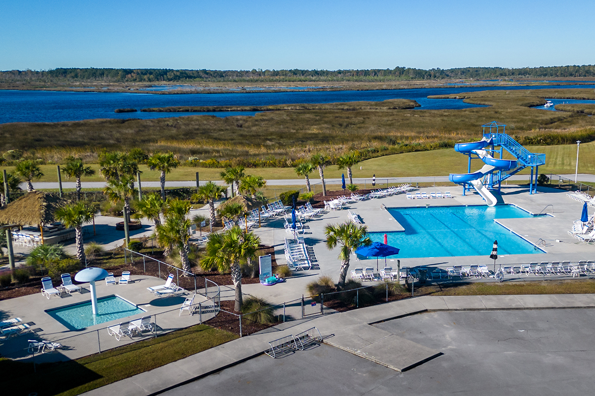 Aerial shot of pool and slide.