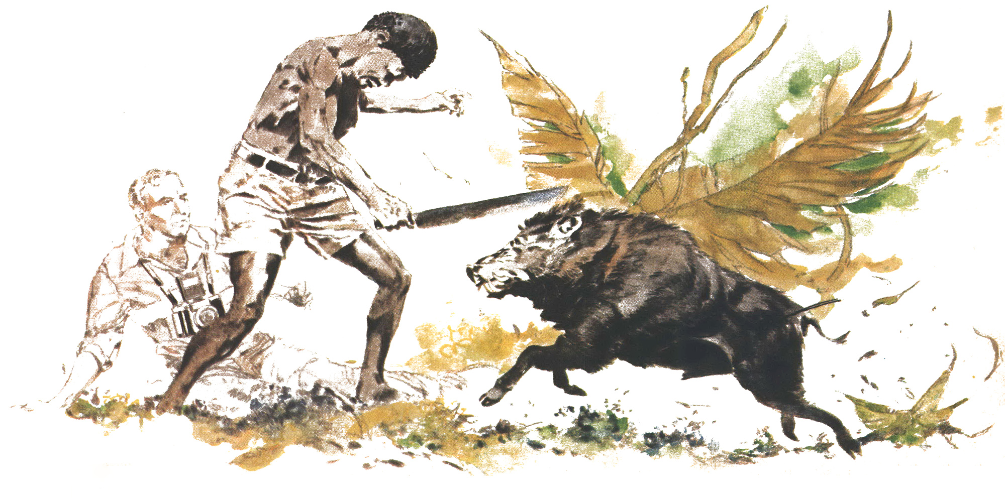 A man with a machette faces off with a wild boar