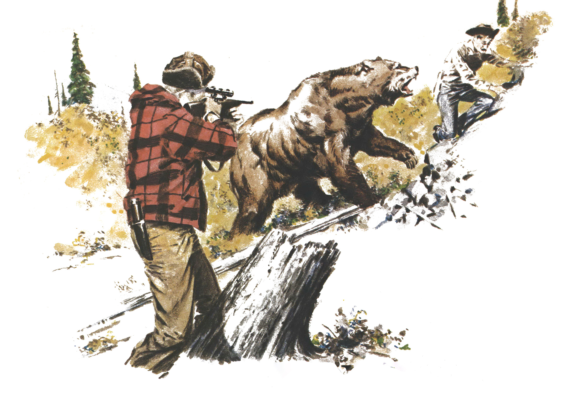 A hunter takes aim as a grizzly bear charges a man.