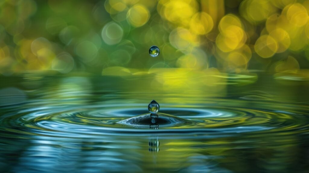 A single water drop creates ripples in still water with a blurry green background