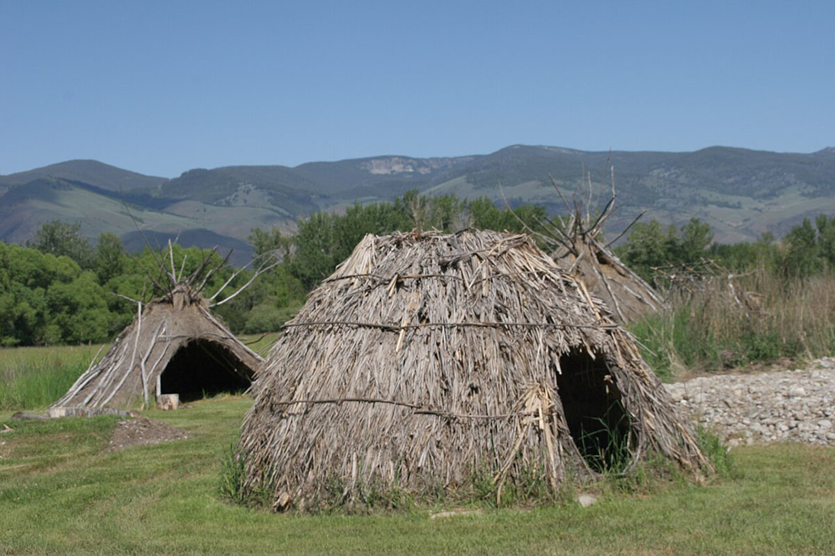Grass huts on a green field.